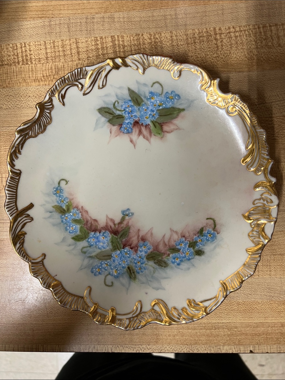 Gold-Trim Porcelain Serving Plate with Blue Floral Design
